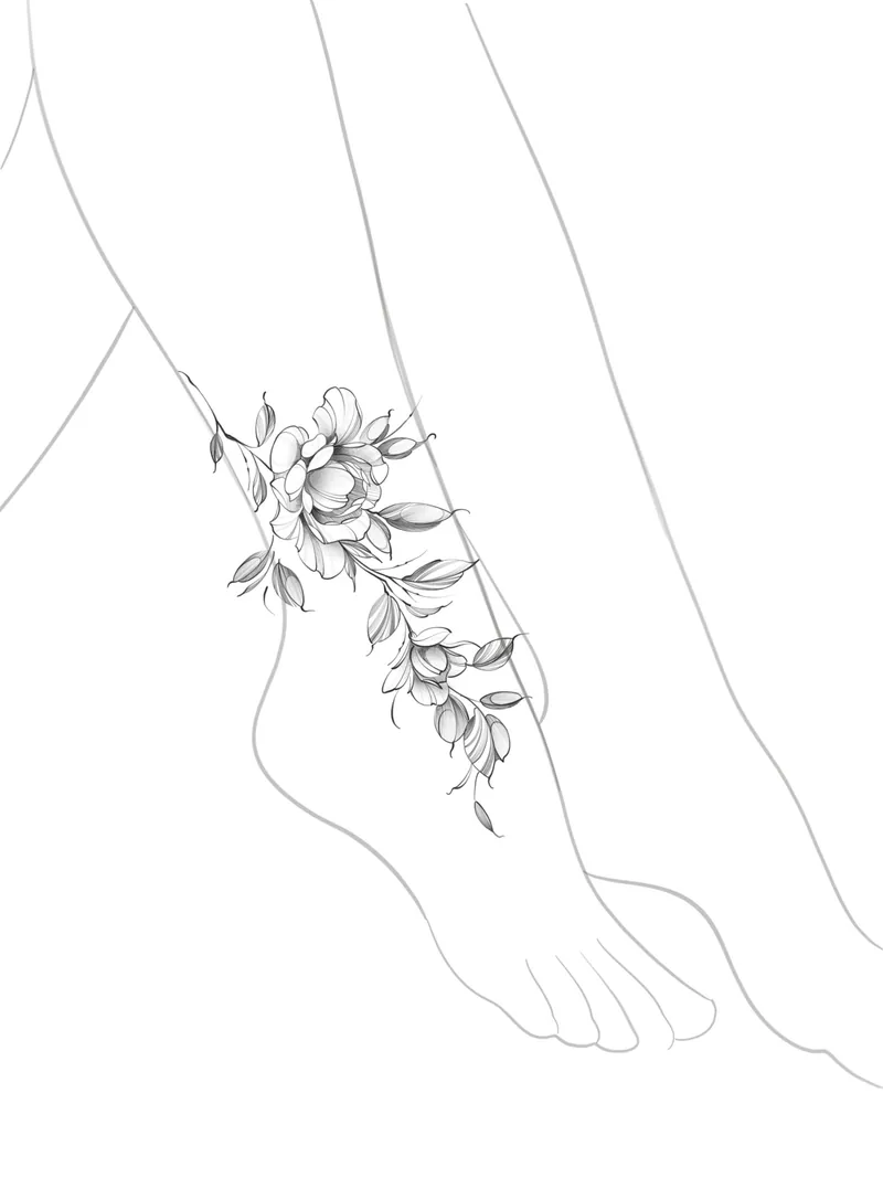 Disegno di una peonia con rametto e foglie, pronto da tatuare attorno alla caviglia