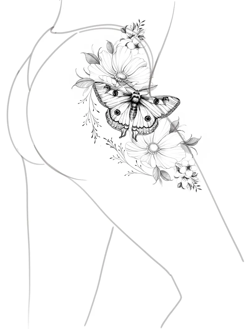 Disegno di una falena con grandi fiori e rametti, pronto da tatuare su fianco e coscia