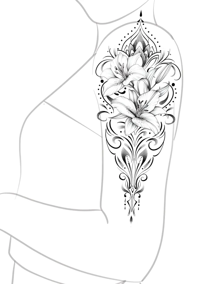 Disegno di due gigli con ornamenti a volute e puntini, pronto da tatuare sul braccio