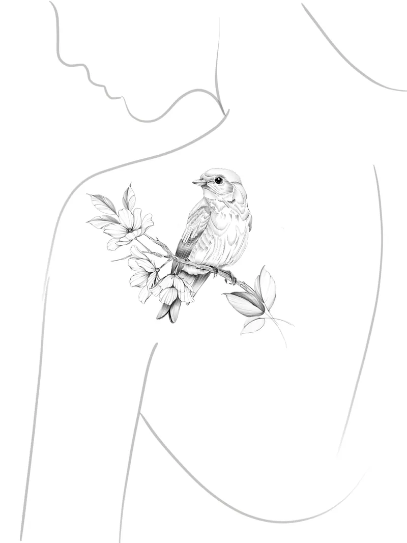 Disegno di un uccellino su un ramo fiorito, pronto da tatuare sulla spalla