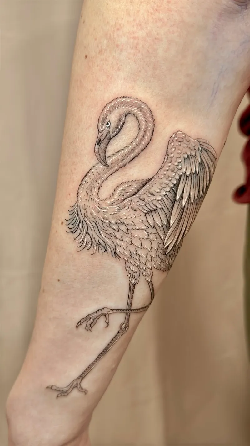 Tatuaggio fine line di un fenicottero sull'avambraccio
