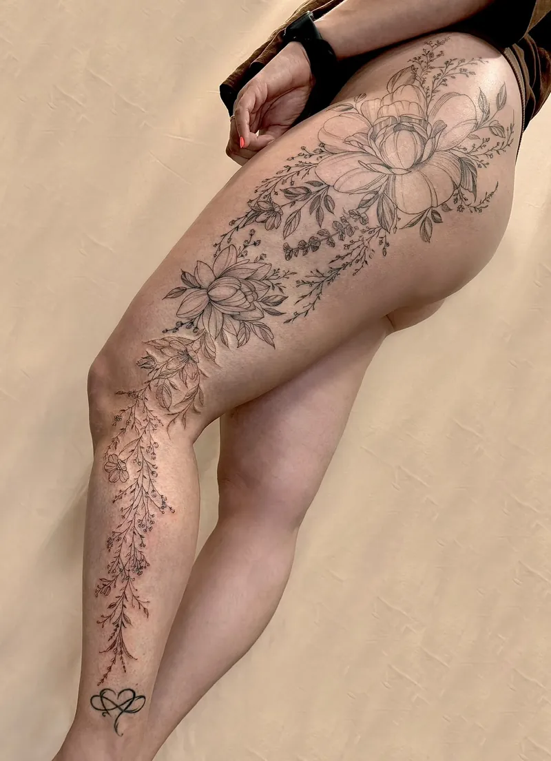 Tatuaggio floreale fine line con peonie e rametti fioriti, dal fianco alla caviglia