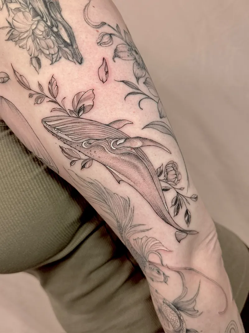 Tatuaggio fine line di una megattera con foglie e fiori sull'avambraccio